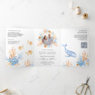 Watercolor Under the Sea Nautical QR Code Wedding Tri-Fold Invitation