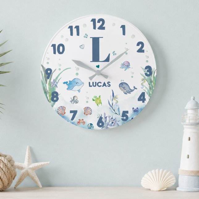 Watercolor under the sea ocean animals Monogram  Large Clock (Creator Uploaded)