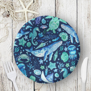 Watercolor Under the Sea Ocean Animals Navy Blue Paper Plate