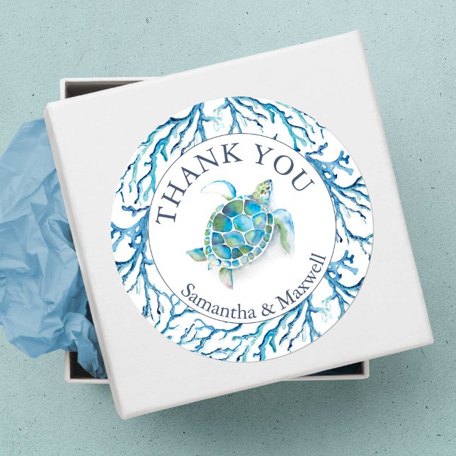 Watercolor Under The Sea Thank You Stickers (Thank you stickers baby shower favors under the sea turtle blue)