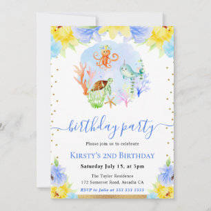 Watercolor Underwater Animals Birthday Party Invitation