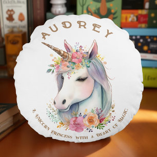 Watercolor Unicorn and Floral Wreath Round Cushion