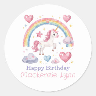 Watercolor Unicorn and Rainbow Birthday Party Classic Round Sticker