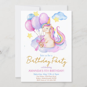 Watercolor Unicorn balloons birthday Invitation