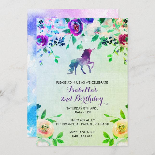 Watercolor unicorn birthday girl invitation (Front/Back)
