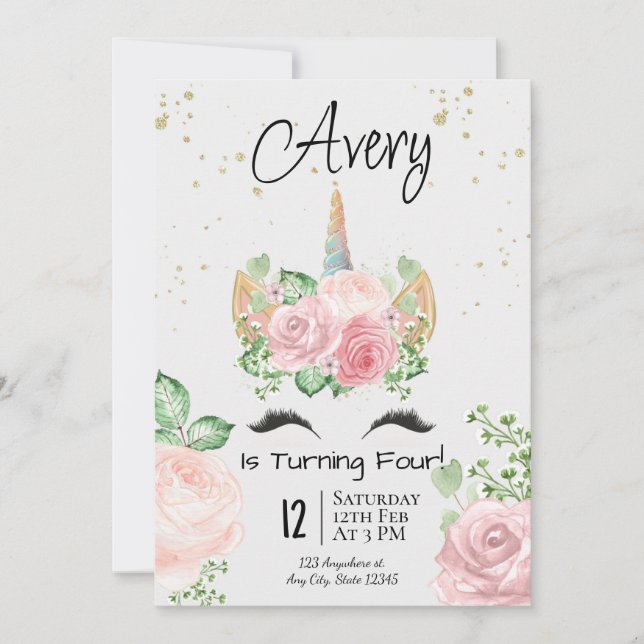 Watercolor Unicorn Birthday Party Invitation (Front)