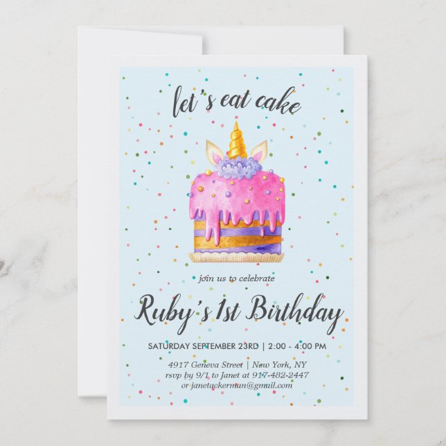 Watercolor Unicorn Cake Birthday Invitation (Front)