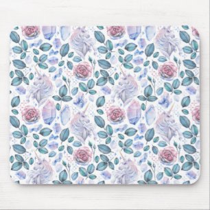 Watercolor Unicorn Crystals & Roses Pattern Mouse Pad