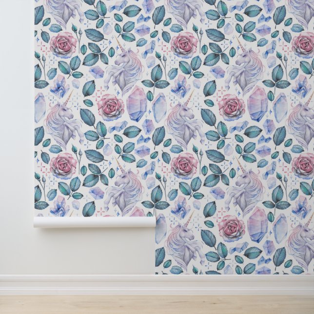 Watercolor Unicorn Crystals & Roses Pattern Wallpaper (Application)