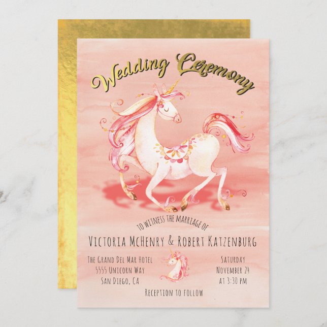 Watercolor Unicorn Gold Foil Wedding Invitation (Front/Back)