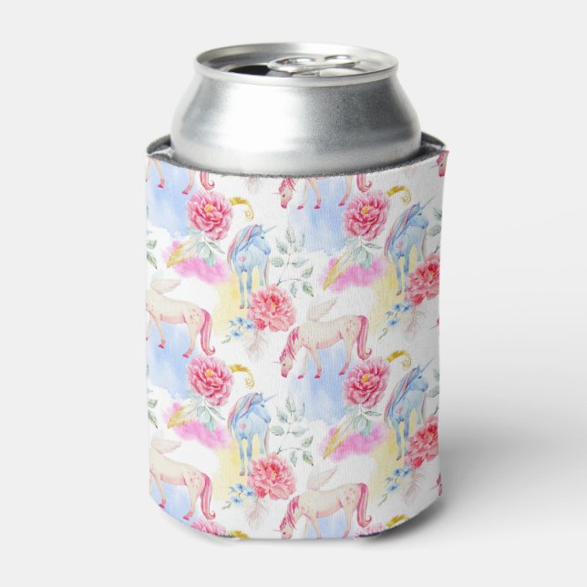 Watercolor Unicorn & Pegasus Pattern Can Cooler (Can Front)