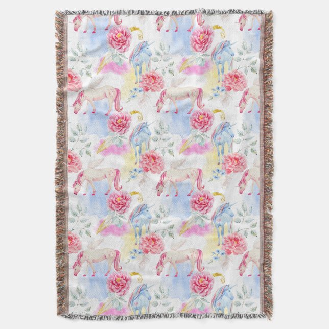 Watercolor Unicorn & Pegasus Pattern Throw Blanket (Front Vertical)