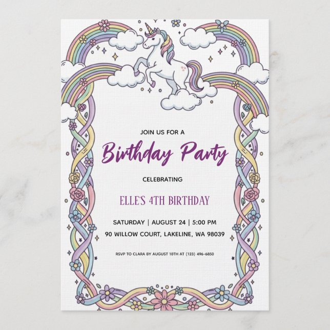 watercolor unicorn rainbow birthday invitation (Front)