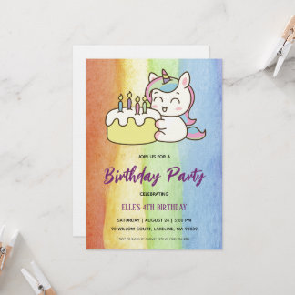 watercolor unicorn rainbow birthday invitation