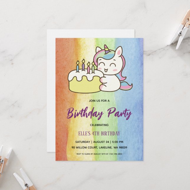 watercolor unicorn rainbow birthday invitation (Front/Back In Situ)