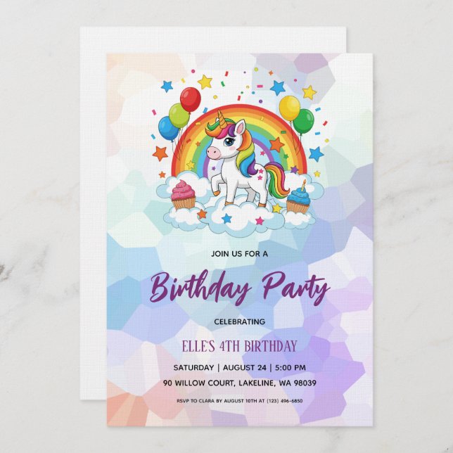 watercolor unicorn rainbow birthday invitation (Front/Back)