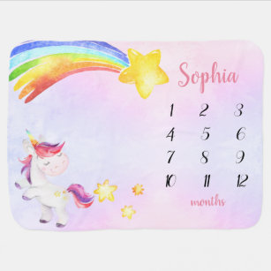 Watercolor Unicorn Rainbow Cute Girl Milestone Baby Blanket