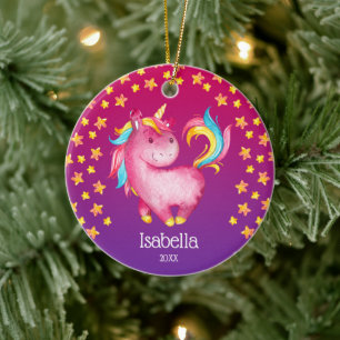 Watercolor Unicorn Stars Personalized Girl Ceramic Tree Decoration