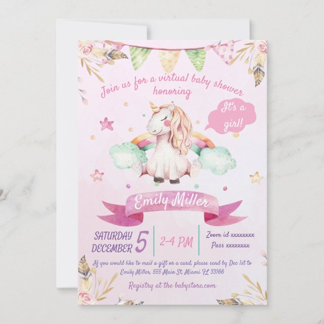 Watercolor Unicorn Virtual Baby Shower Invitation (Front)