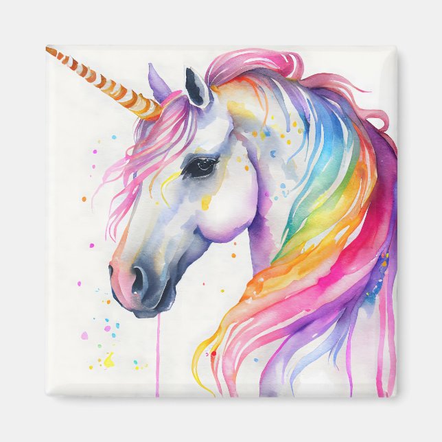 Watercolor Unicorn with a Rianbow Mane Magnet (Front)