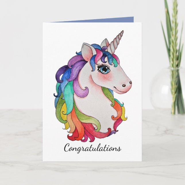 Watercolor Unicorn With Rainbow Hair Card (Front)