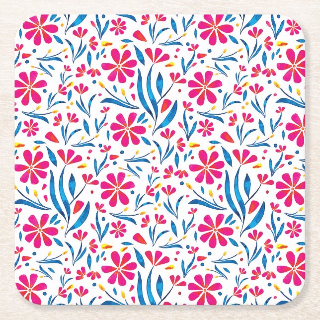 Watercolor Uplifting Floral Pattern Square Paper Coaster (Front)