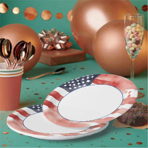 Watercolor US Flag with White Centre Paper Plate
