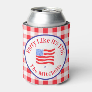 Watercolor USA Flag Party 1776 Wh Blue Red Check  Can Cooler