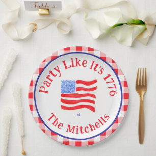 Watercolor USA Flag Party 1776 Wh Blue Red Check Paper Plate
