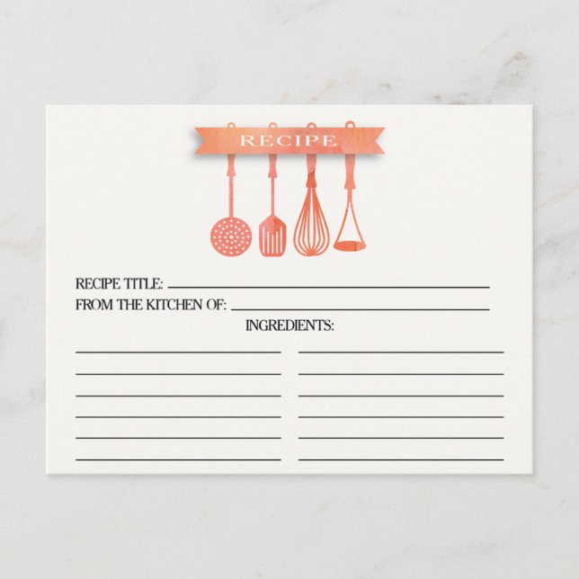 Watercolor Utensils Bridal Shower Recipe Cards (Front)