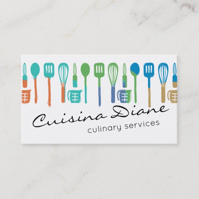 watercolor utensils chef catering business cards (Front)