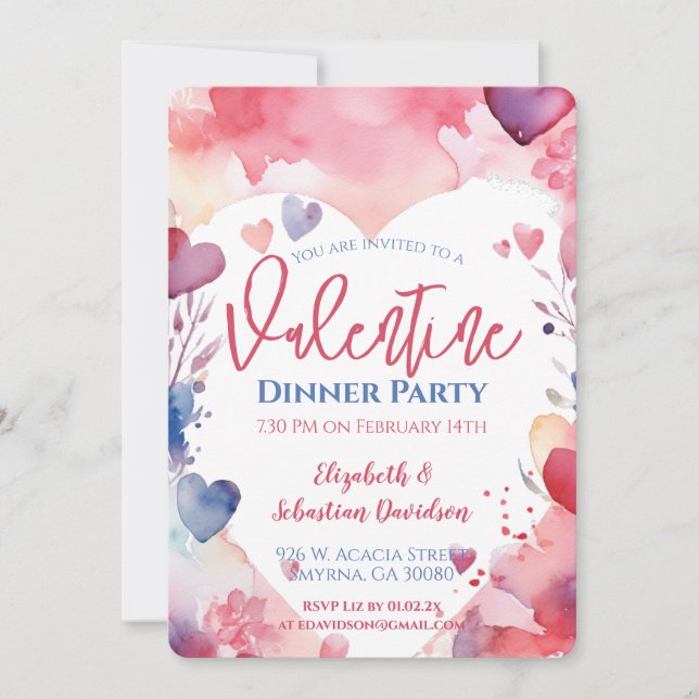 Watercolor Valentine Dinner Party Invitation (Front)