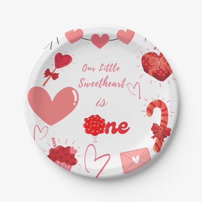 Watercolor Valentine heart First Birthday Party  Paper Plate (Front)