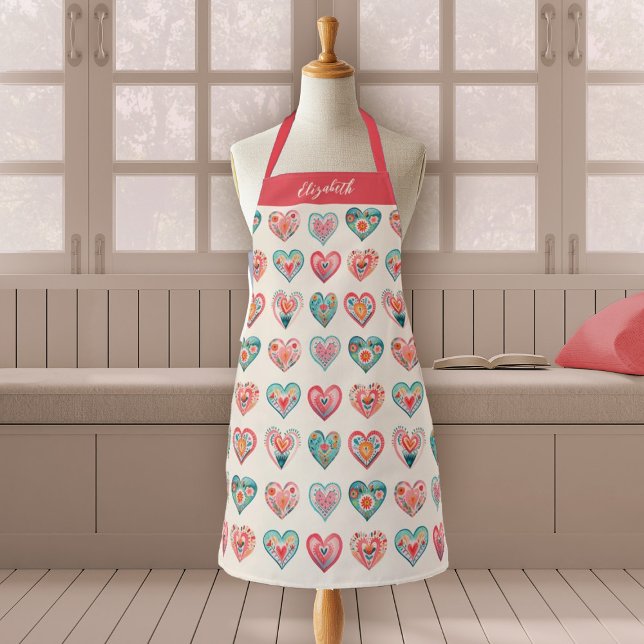 Watercolor Valentine Hearts Pattern Cooking Apron (A cute watercolor hearts pattern valentines day apron. Personalize it with your name.)