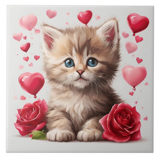 Watercolor Valentine's Day Kitten with Roses  Tile (Front)