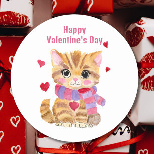 Watercolor Valentine's Day Kitty  Classic Round Sticker