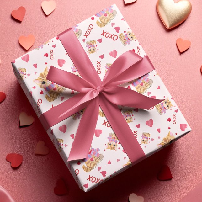 Watercolor Valentine's Day Kitty XOXO Pattern Wrapping Paper (Creator Uploaded)