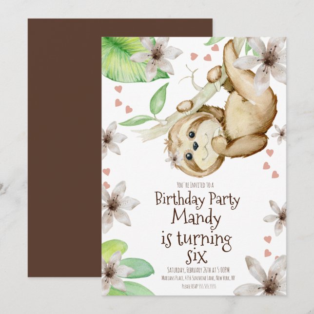Watercolor Valentines Day Sloth Floral Birthday  Invitation (Front/Back)