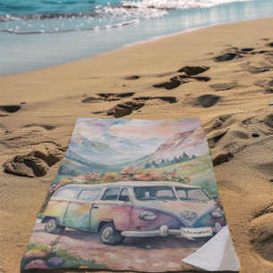 Watercolor Van with Custom License Plate Gift Beach Towel