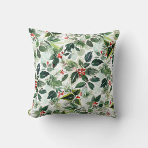 Watercolor Variegated Winterberries Christmas Cushion