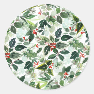 Watercolor Variegated Winterberry Christmas Classic Round Sticker