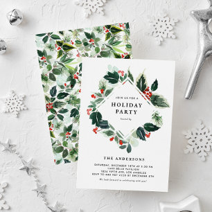 Watercolor Variegated Winterberry Holiday Party Invitation