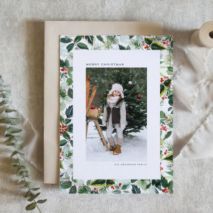 Watercolor Variegated Winterberry Photo Christmas Holiday Card