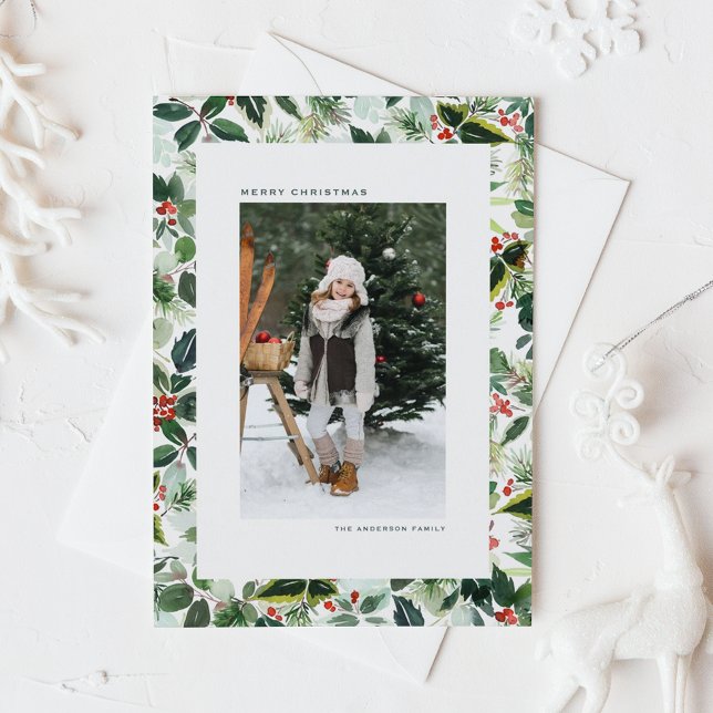 Watercolor Variegated Winterberry Photo Christmas Holiday Postcard (Botanical photo Christmas postcard featuring watercolor holly greenery.)