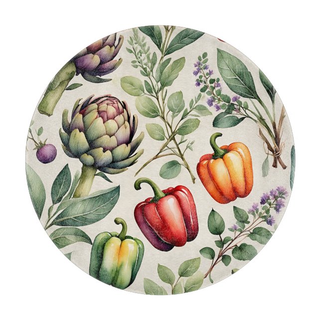 Watercolor Vegetable Garden Pattern Cutting Board (Front)