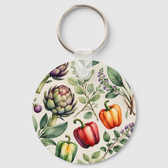 Watercolor Vegetable Garden Pattern Key Ring (Front)