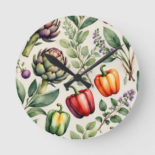 Watercolor Vegetable Garden Pattern Round Clock