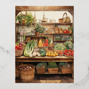 Watercolor Vegetable Store Background Foil Holiday Postcard