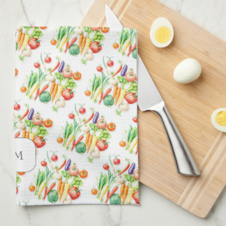Watercolor vegetables pattern monogrammed tea towel