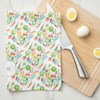 Watercolor vegetables pattern monogrammed tea towel